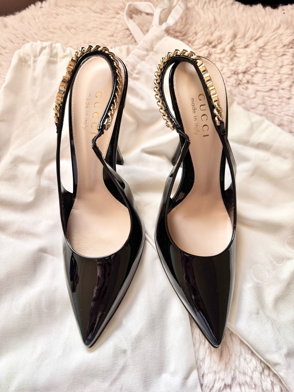 Gucci Signoria Slingback Formal Evening Pump Shiny Black Leather Women Size 5 US
